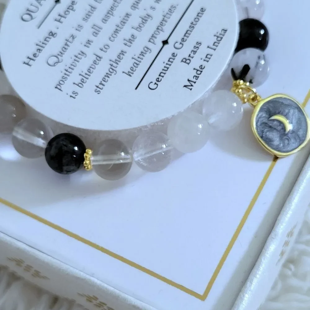 Shivam Mixed Quartz Stretch Bracelet with Crescent Moon🌙 Charm - NIB